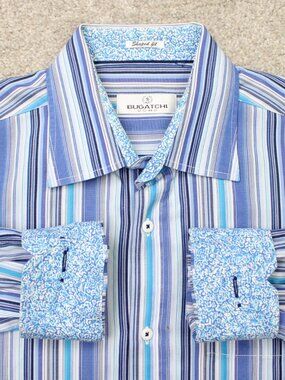 Bugatchi Uomo Shirt Mens XL Blue Striped Shaped Fit Cotton Long Sleeve Button Up